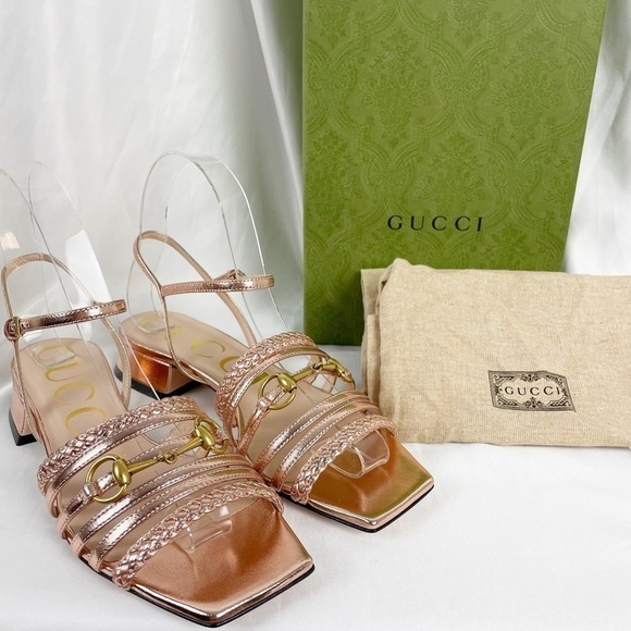 Gucci Ketty Horsebit 25mm Metallic Sandals Pink Size 35.5 - Picture 1 of 9
